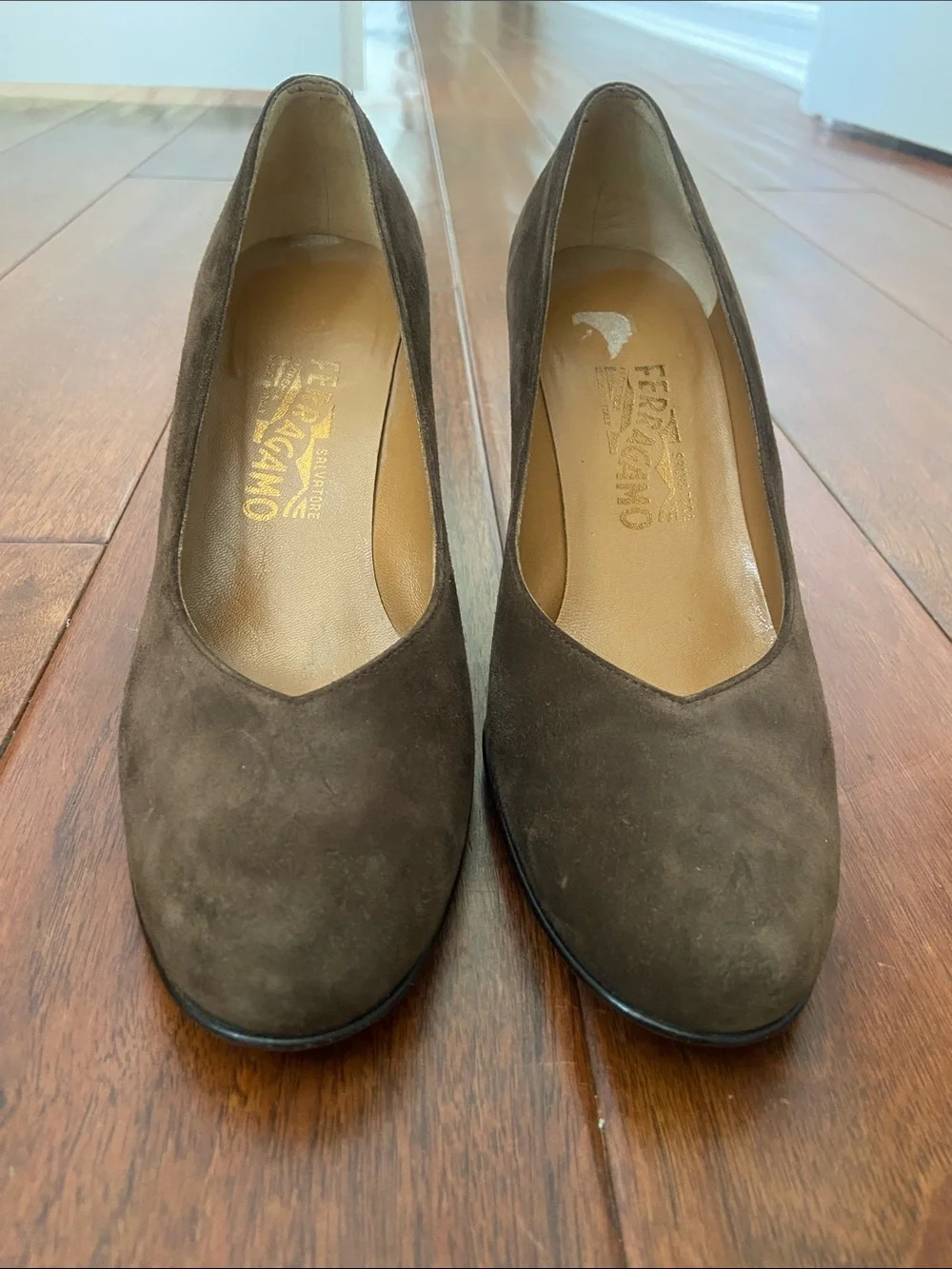 Salvatore Ferragamo Brown Suede Pumps with Lucite Heels